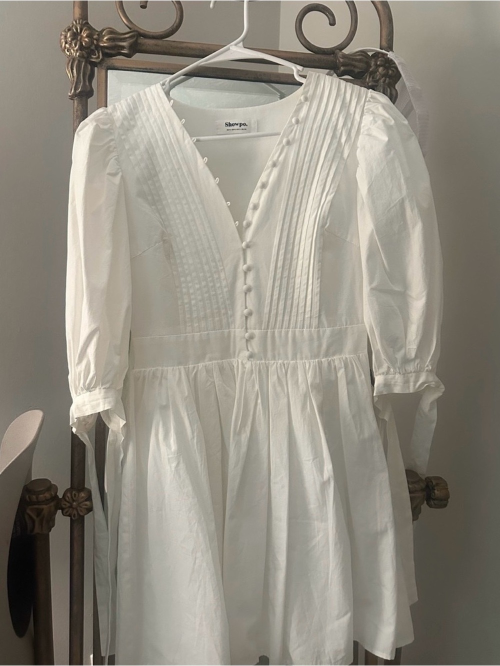 Showpo. White Pintuck V-Neck Puff Sleeve Mini Dress